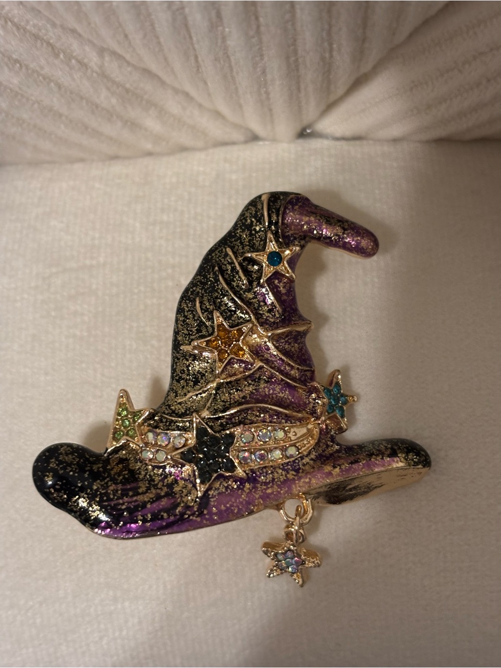 Purple & Black Witch Hat Brooch with Star Accents